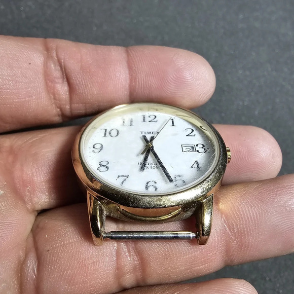 Timex Indiglo Date Just Mens Quartz Watch Gold Tone White Dial Working No Strap - Picture 2 of 6